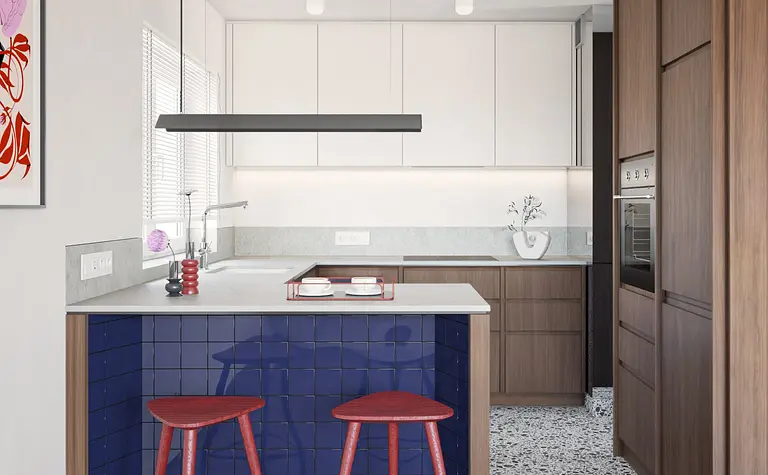 Kuchnia w stylu art deco z niebieską wyspą i brązowymi akcentami, minimalistyczny design.