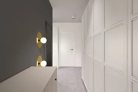 Przedpokój z minimalistycznym wystrojem, białymi meblami i nowoczesnym oświetleniem.