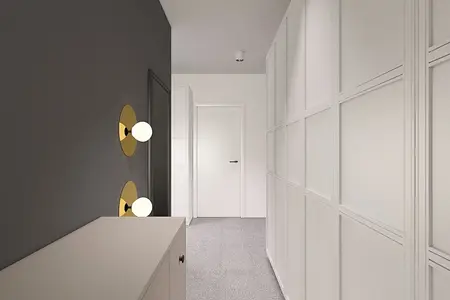 Przedpokój z minimalistycznym wystrojem, białymi meblami i nowoczesnym oświetleniem.