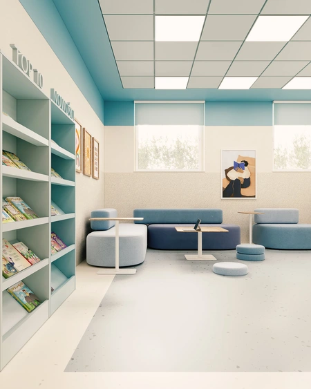 Pokój z niebieskimi meblami, regałem i nowoczesnymi akcentami. Dopamine decor, eklektyczny styl.