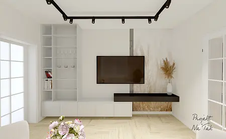 Współczesny salon z białymi meblami, telewizorem i dekoracjami.