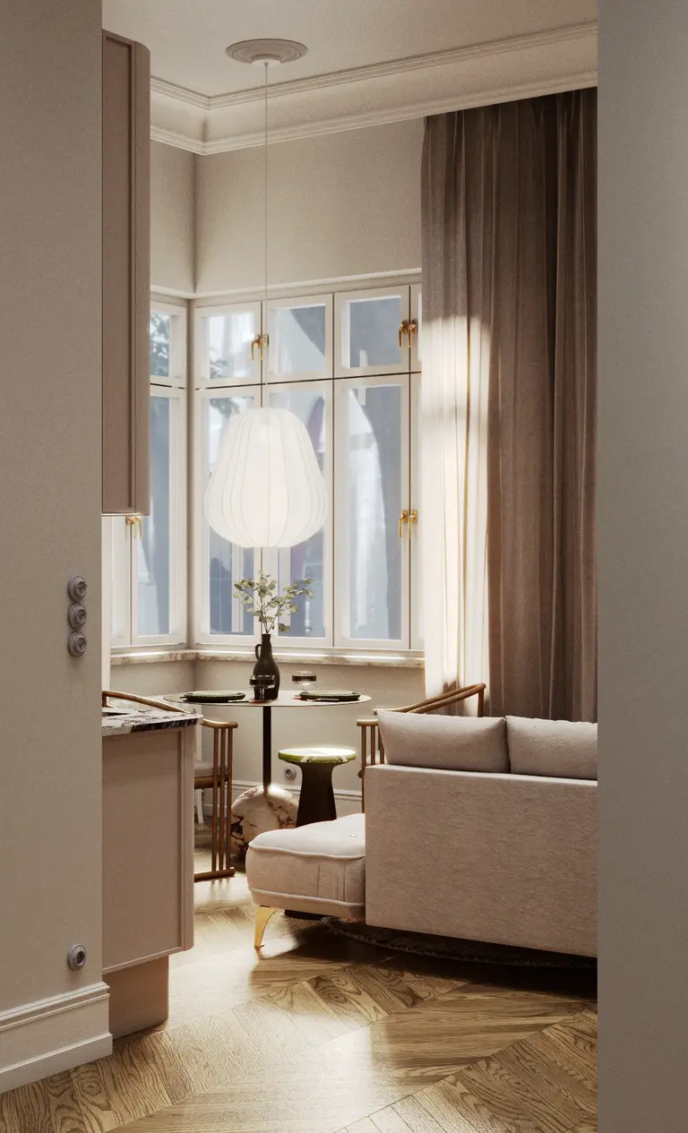 Wnętrze jadalni z oświetleniem w stylu art deco, eklektycznym i vintage.