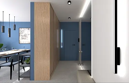 Wnętrze minimalistycznego korytarza z drewnianymi elementami i niebieskimi ścianami.