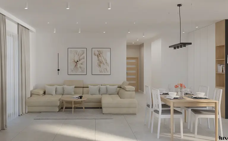 Salón w stylu japandi i minimalistycznym z jasną sofą i drewnianym stołem.