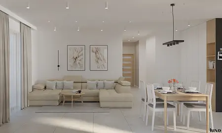 Salón w stylu japandi i minimalistycznym z jasną sofą i drewnianym stołem.