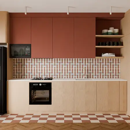 Wnętrze kuchni w stylu vintage z brązowymi meblami i ceramicznymi akcentami.
