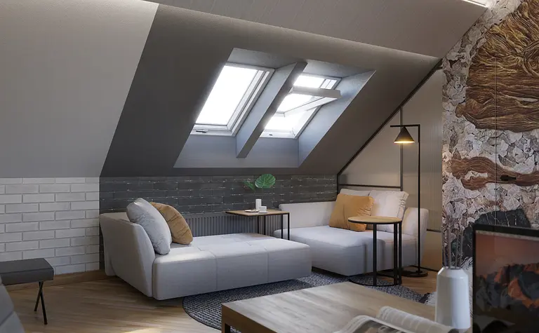Wnętrze poddasza z minimalistycznym designem, nowoczesnym umeblowaniem i tradycyjnymi dodatkami.