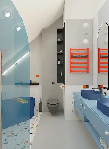Nowoczesna łazienka z niebieskimi umywalkami i czerwonymi detalami, dopamine decor, minimalistyczny, minimaluxe