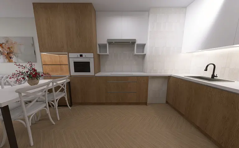 Kuchnia w stylu minimalistycznym z drewnianymi meblami i nowoczesnym wyposażeniem.