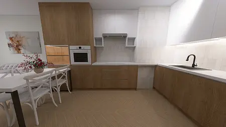 Kuchnia w stylu minimalistycznym z drewnianymi meblami i nowoczesnym wyposażeniem.