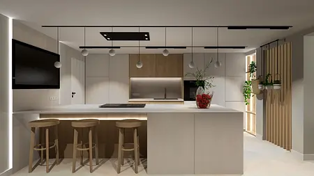 Nowoczesna kuchnia w stylu boho, eklektycznym i japandi z drewnianymi detalami.