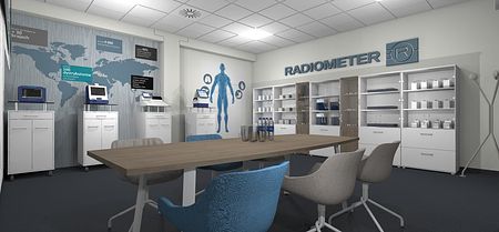 Wnętrze biura z białymi meblami, niebieskimi akcentami, w stylu industrialnym i minimalistycznym.