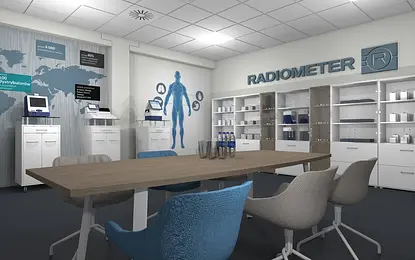 Wnętrze biura z białymi meblami, niebieskimi akcentami, w stylu industrialnym i minimalistycznym.