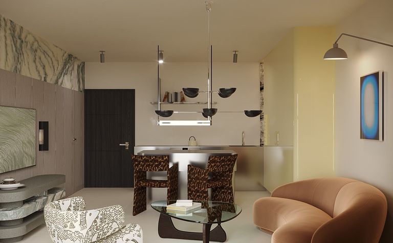 Wnętrze w stylu art deco i eklektycznym z brązową sofą, nowoczesnym stołem i designerskimi fotelami.