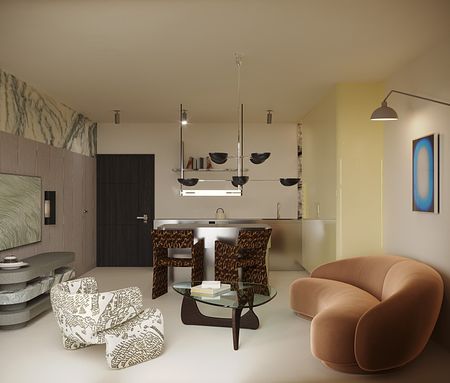 Wnętrze w stylu art deco i eklektycznym z brązową sofą, nowoczesnym stołem i designerskimi fotelami.