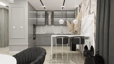 Wnętrze kuchni w stylu glamour i nowoczesnym z szarymi meblami.