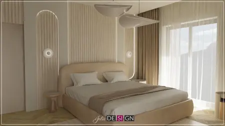 Sypialnia z beżowym łóżkiem, nowoczesnym oświetleniem, boho i eklektycznym stylem.