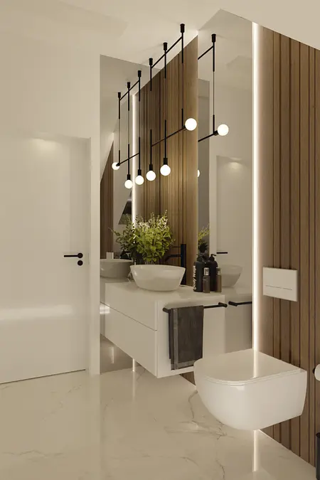 Nowoczesna łazienka z eklektycznymi i glamour detalami, białe umywalki i drewniane wykończenia