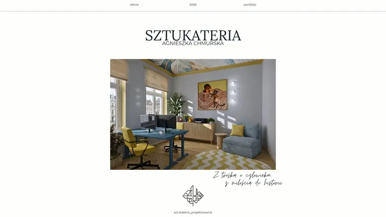 Wnętrze biura w stylu art deco z eklektycznymi akcentami i tradycyjnymi elementami.