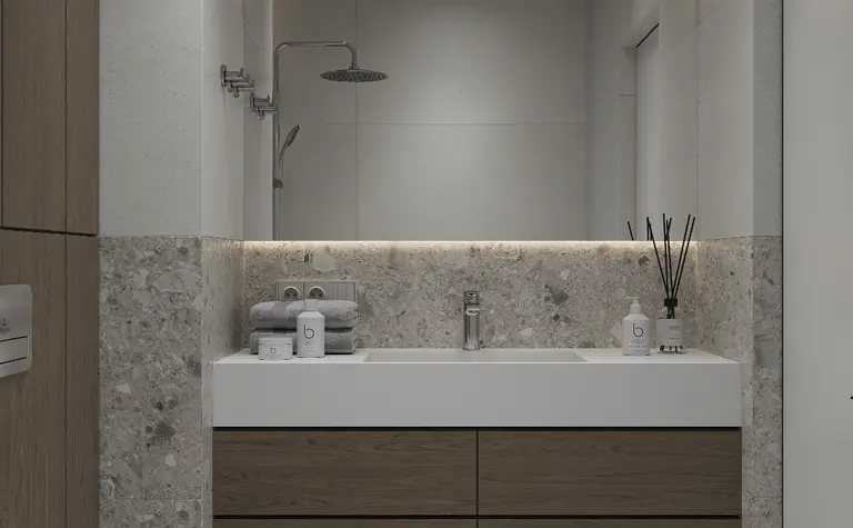 Nowoczesna łazienka z drewnianymi akcentami i minimalistycznym designem