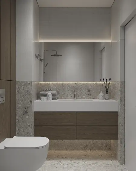 Nowoczesna łazienka z drewnianymi akcentami i minimalistycznym designem