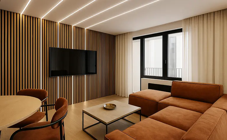 Wnętrze salonu w stylu industrialnym z brązową sofą i drewnianymi elementami.