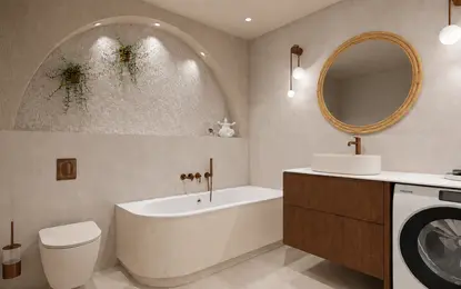 Nowoczesna łazienka w stylu boho i minimalistycznym, z wanną i drewnianymi elementami.