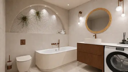 Nowoczesna łazienka w stylu boho i minimalistycznym, z wanną i drewnianymi elementami.