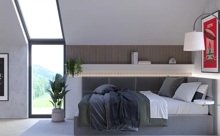 Wnętrze poddasza z minimalistycznym łóżkiem, roślinami i dużymi oknami, nowoczesny styl.