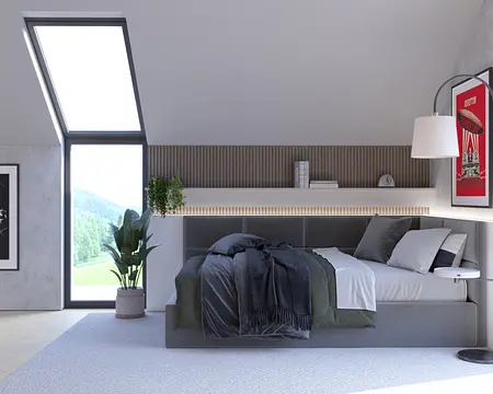 Wnętrze poddasza z minimalistycznym łóżkiem, roślinami i dużymi oknami, nowoczesny styl.