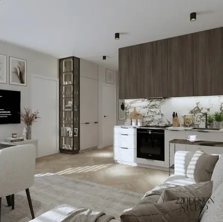Nowoczesna kuchnia w stylu quiet luxury z marmurowym blatem i drewnianymi meblami.