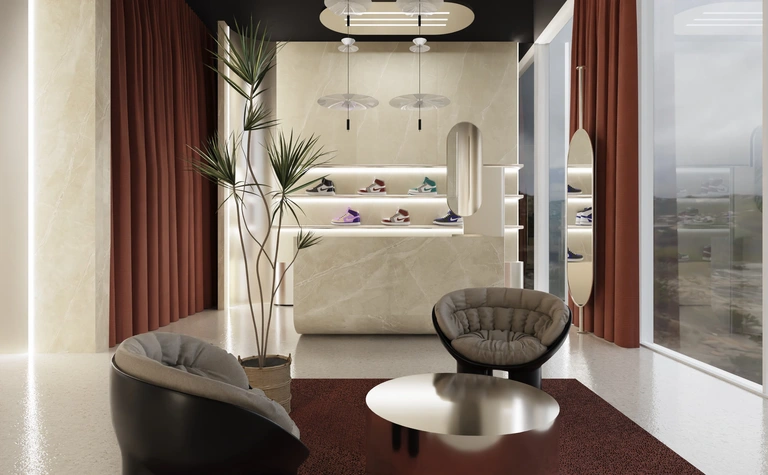 Wnętrze minimalistyczne z glamour, nowoczesnym designem i quiet luxury, z półkami na obuwie.
