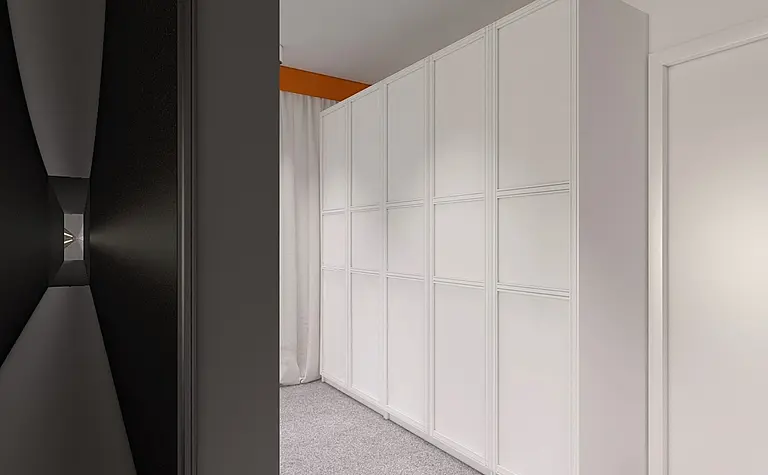 Garderoba w stylu minimalistycznym i skandynawskim z białymi meblami.
