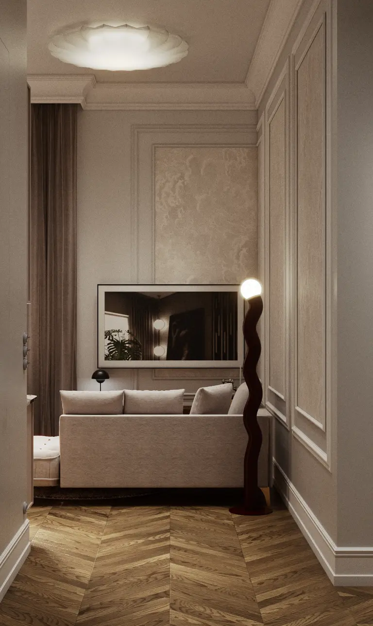 Wnętrze w stylu eklektycznym z beżową sofą i art deco lampą.