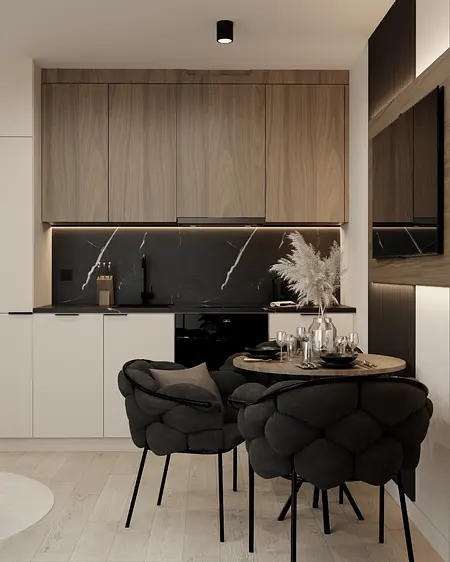 Nowoczesna kuchnia z drewnianymi meblami i czarnymi detalami.