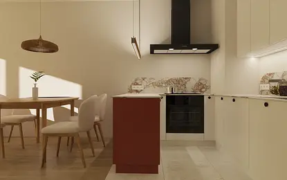 Minimalistyczna kuchnia z nowoczesnymi meblami w stylu skandynawskim i soft minimalizm.