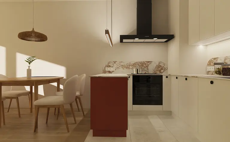 Minimalistyczna kuchnia z nowoczesnymi meblami w stylu skandynawskim i soft minimalizm.