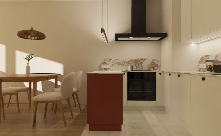 Minimalistyczna kuchnia z nowoczesnymi meblami w stylu skandynawskim i soft minimalizm.