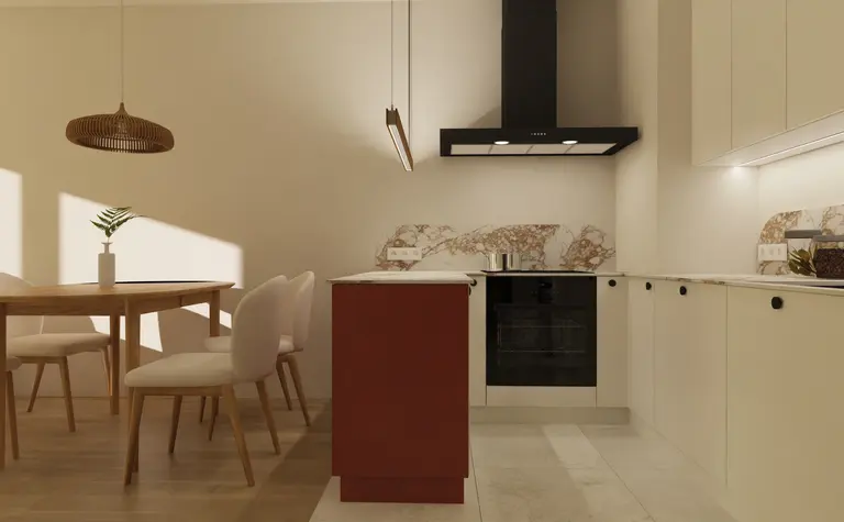 Minimalistyczna kuchnia z nowoczesnymi meblami w stylu skandynawskim i soft minimalizm.