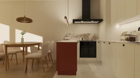 Minimalistyczna kuchnia z nowoczesnymi meblami w stylu skandynawskim i soft minimalizm.