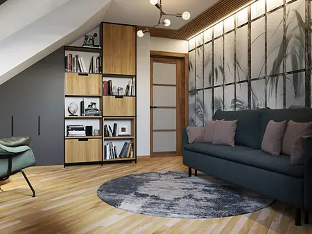 Wnętrze minimalistycznego pokoju z zieloną sofą, drewnianym regałem i akcentami w stylu soft minimalizm.