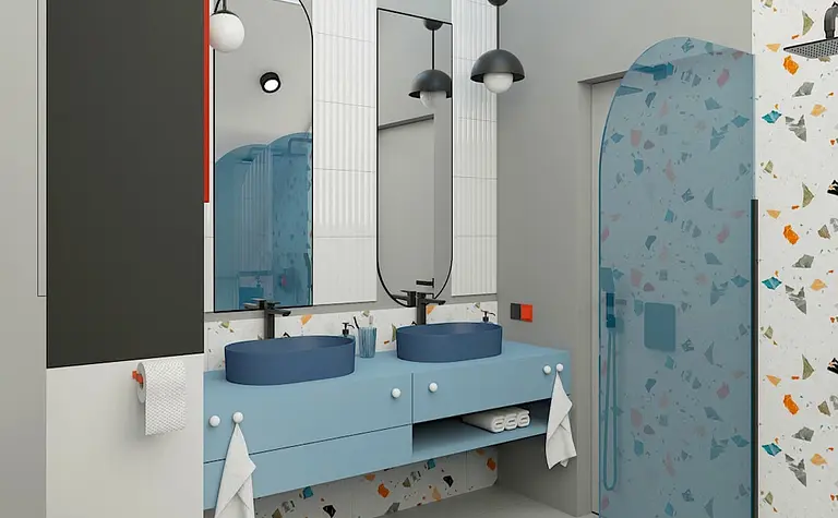 Nowoczesna łazienka z niebieskimi elementami, dopamina decor, minimalistyczna, minimaluxe, współczesna.
