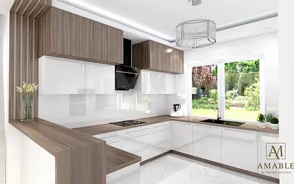 Wnętrze kuchni w stylu minimalistycznym i japandi z drewnianymi meblami i białymi detalami.