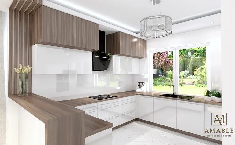 Wnętrze kuchni w stylu minimalistycznym i japandi z drewnianymi meblami i białymi detalami.