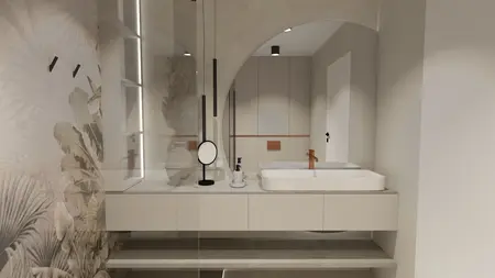 Nowoczesna łazienka z białymi umywalkami, drewnem i roślinnymi elementami w stylu boho, eklektycznym, japandi.