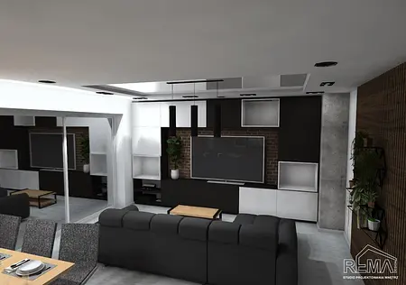 Wnętrze salonu w stylu industrialnym i skandynawskim z czarną sofą i białymi akcentami.