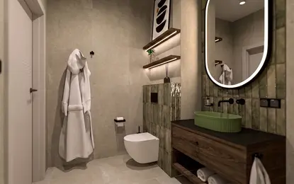 Wnętrze nowoczesnej łazienki z zieloną umywalką i drewnianymi detalami.