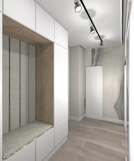 Przedpokój w stylu japandi z białymi meblami i drewnianymi detalami.