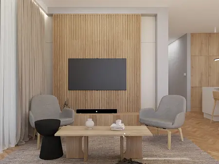 Nowoczesny salon w stylu japandi z drewnianą ścianą i szarymi meblami.