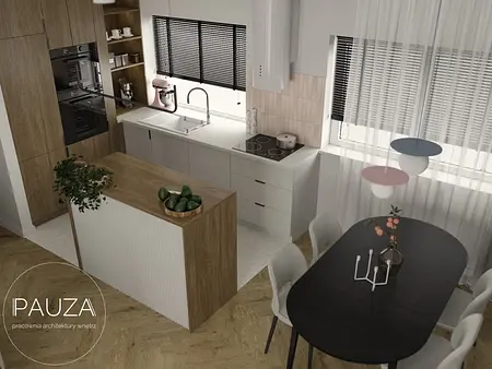 Nowoczesna kuchnia z drewnianą wyspą, białymi meblami i vintage akcentami.